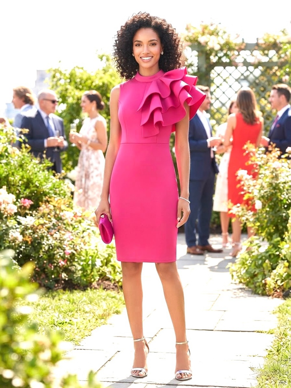 Fuchsia Ruffle neoprene Midi Dress S
